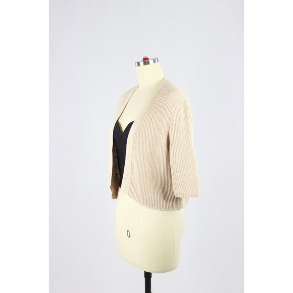 AKRIS PUNTO Beige Cotton Pointelle Knit Open Cardigan Shrug Sweater, Size 10 - Picture 4 of 12